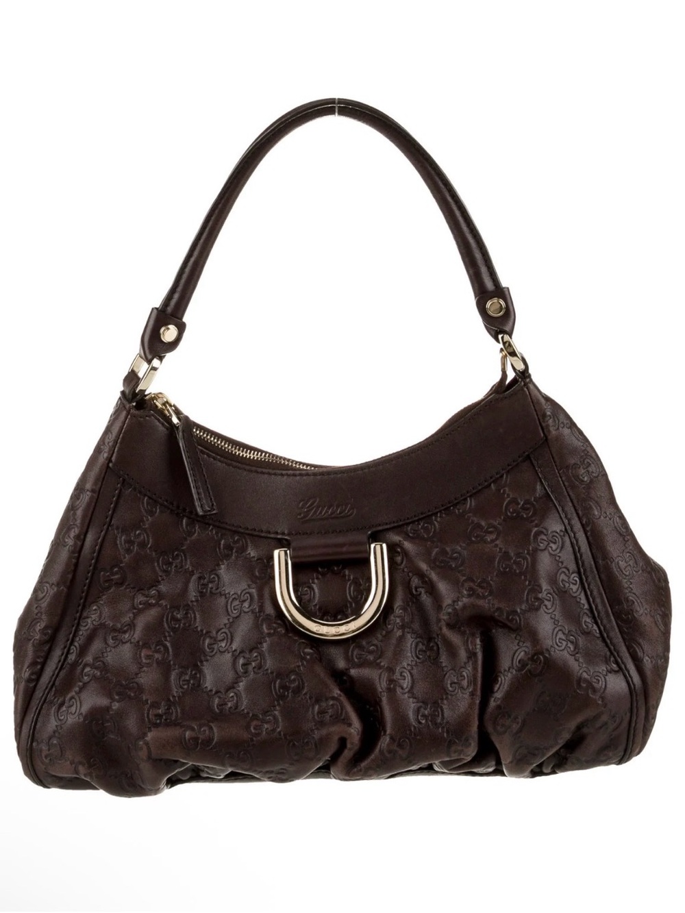 Gucci Brown Leather Monogram Hobo with Gold Hardware